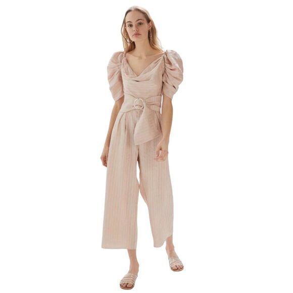 C/meo Collective Through You Belted Puff Sleeve Wide Leg Stripe Jumpsuit 4 NWT - Picture 4 of 11